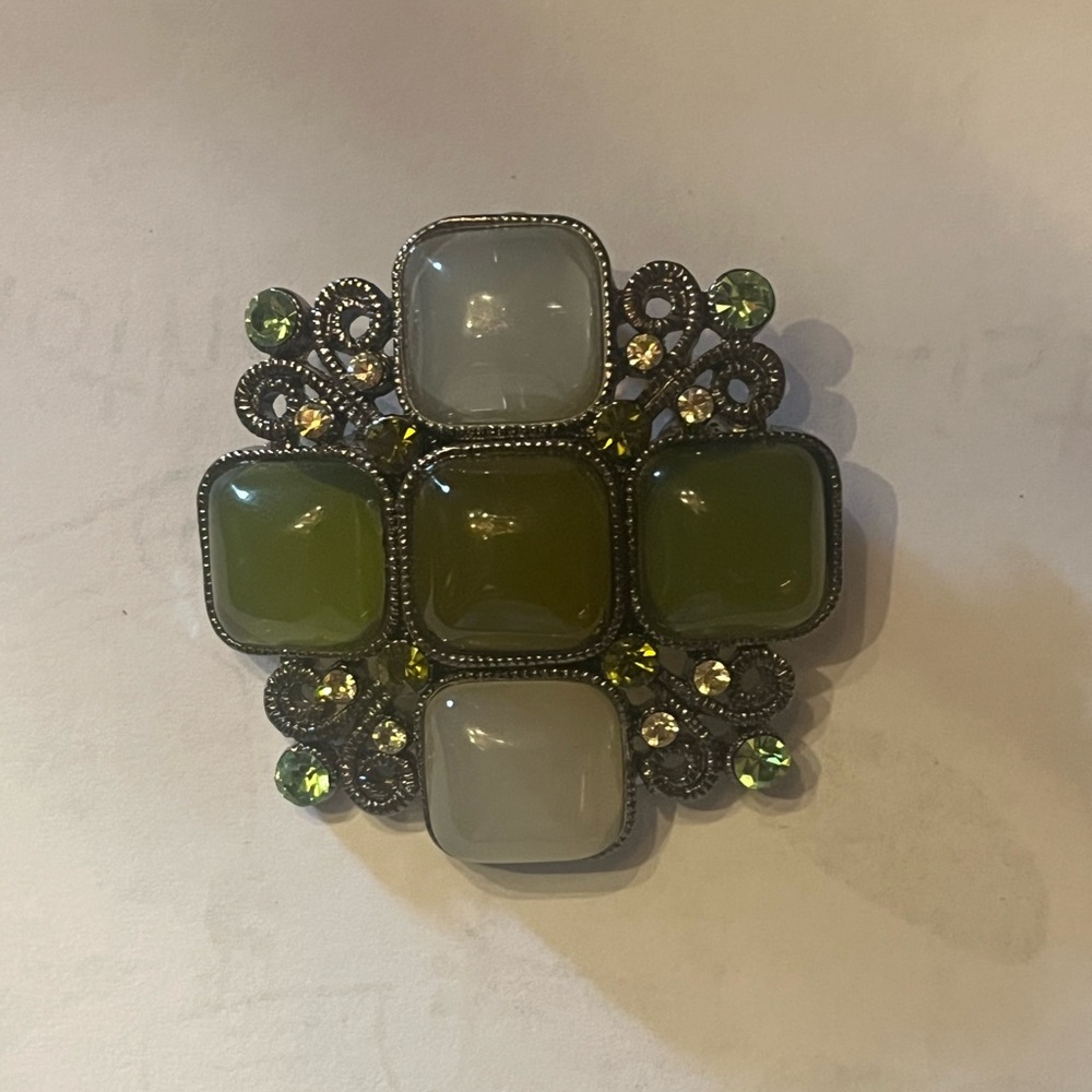 Vintage Style Brooch with Green and Gray Cabochon Stones Maltese Cross